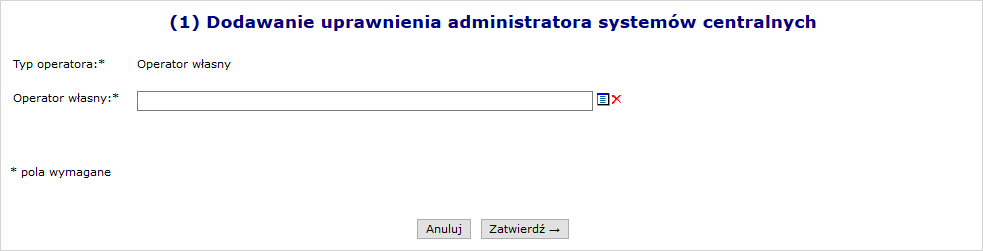 Przykładowe okno Dodawania uprawnienia administratora