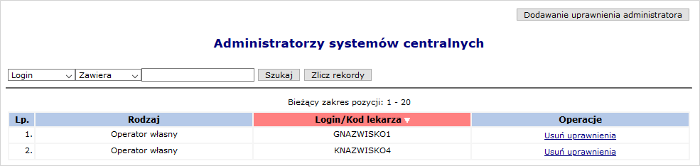 Przykładowe okno Administratorzy systemów centralnych