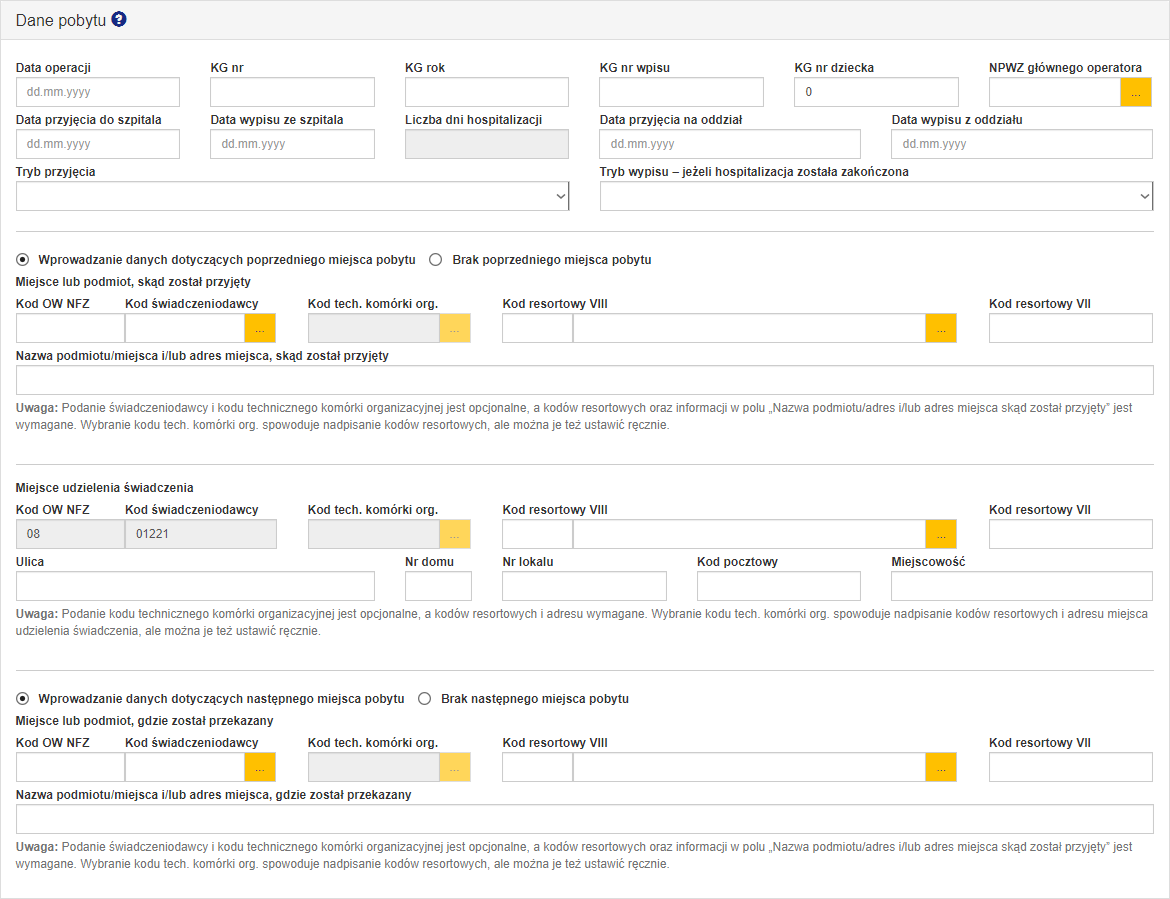Sekcja "Dane pobytu" dla ankiety pełnej bez umowy z NFZ
