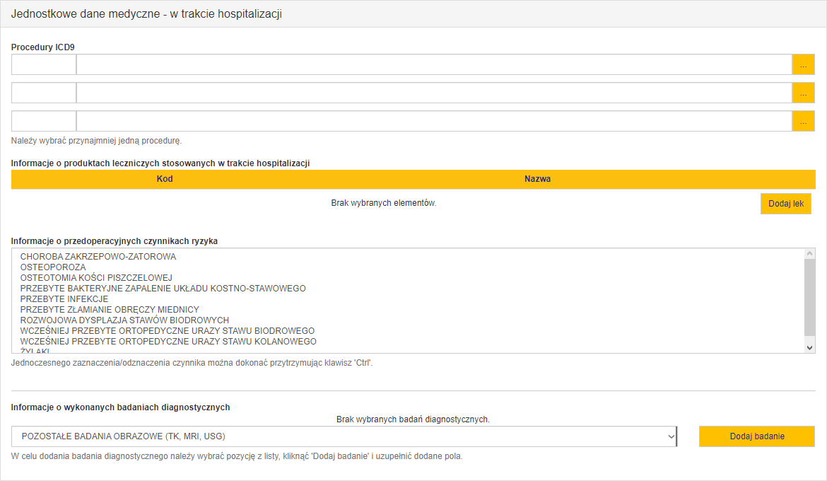 Sekcja "Jednostkowe dane medyczne - w trakcie hospitalizacji" dla ankiety pełnej bez umowy z NFZ