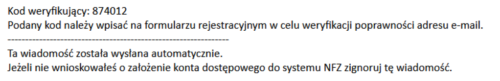 Przykładowa wiadomość e-mail z kodem weryfikacyjnym.